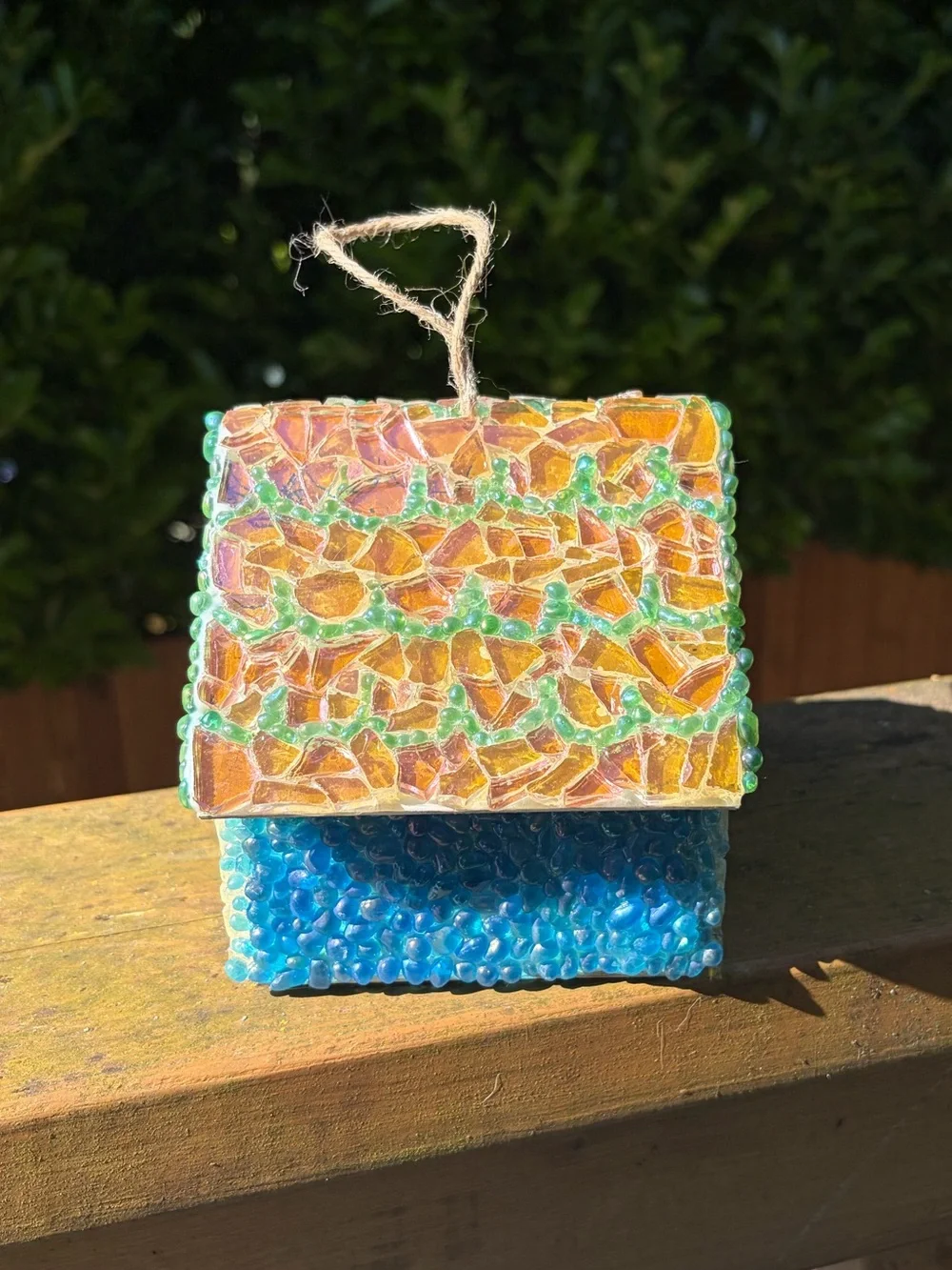 Handmade Mosaic Glass Birdhouse in Gold, Green, Pink and Blue